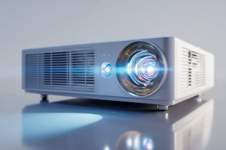 A sleek digital projector displays colorful rays onto a glossy surface, set in a tidy, contemporary space ideal for casual gatherings or professional presentations.の写真素材
