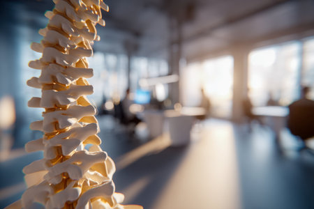 A detailed human spinal structure displayed in a modern clinical setting, with a softly blurred backdrop symbolizing healing, health, and wellness practices.の写真素材