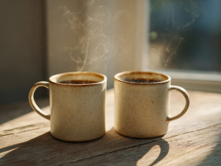Two cozy brown mugs emit gentle steam as they rest on aged wood, basking in soft sunlight that casts inviting shadows, perfect for a peaceful morning escape.の写真素材