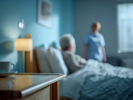 Gentle morning light fills a cozy hospital room as a caregiver offers comfort with a steaming tea, while an elder reclines peacefully amidst calm, caring surroundingの写真素材