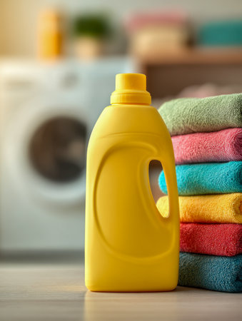 A vibrant yellow laundry detergent container rests besides a vivid array of folded towels, with a gentle-focus washing machine backdrop in a cozy laundry space.の写真素材