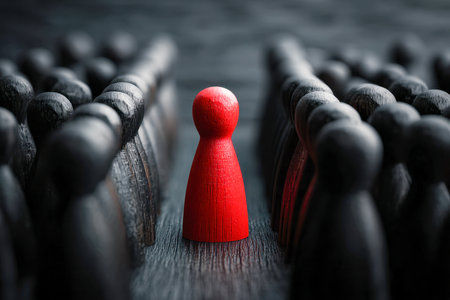 A lone crimson token commands attention amid a sea of dark figures, embodying strength, distinction, and the essence of bold leadership.の写真素材