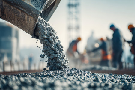 A construction scene where workers in safety oversee the gear the flow of newly mixed concrete, illuminated by gentle daylight filtering over the active site.の写真素材