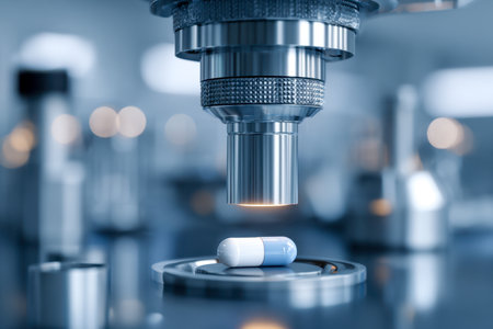A scientist analyzes a medicinal capsule with sophisticated microscope equipment amidst a sleek, futuristic lab illuminated by cool blue lighting, emphasizing innovaの写真素材