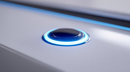 A luminous blue led ring accents a circular control element set against a pristine white background, embodying cutting-edge interface design and innovative tech aestの写真素材