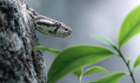 A slender snake cautiously emerges from behind textured bark, nestled amid lush, vivid foliage in a...