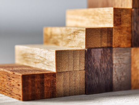 A detailed close-up reveals an array of wooden blocks with diverse grains, shades, and finishes, arranged in a single-column sequence highlighting craftsmanship andの写真素材
