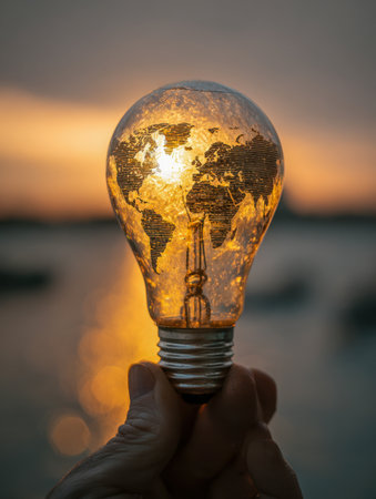 A person's hand cradle an illuminated bulb displaying a world map, evoking vision, creativity, and worldwide connectivity amid a soothing sunset glow.の写真素材