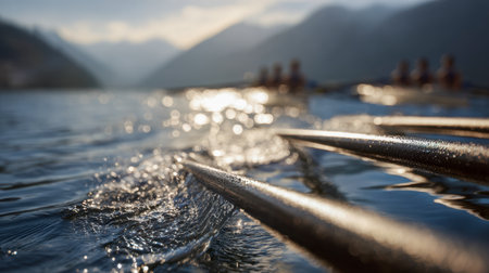 Dawn's soft glow illuminates tranquil waters as athletes in sleek boats move gracefully, their oars casting shimmering reflections amid gentle ripples against mountaの写真素材