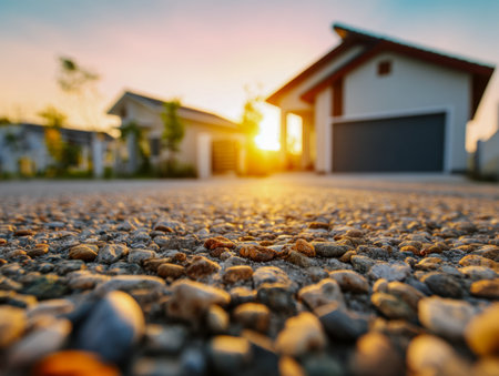 A golden sunset bathes a rugged driveway, highlighting its grainy surface while modern houses fade into a gentle, out-of-focus background with soothing natural lightの写真素材