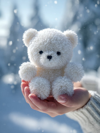 A cozy, velvety teddy bear cradled tenderly in a palm, set against a serene winter scene with gentle snowflakes drifting through bright daylight outdoors.の写真素材
