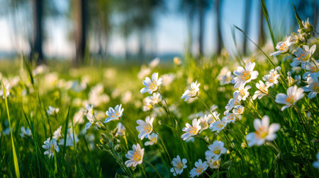 Gentle white blossoms sway in golden light amid lush greenery, creating a tranquil scene that...