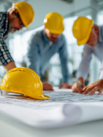 A vibrant workspace where professionals analyze detailed blueprints, with a safety helmet...