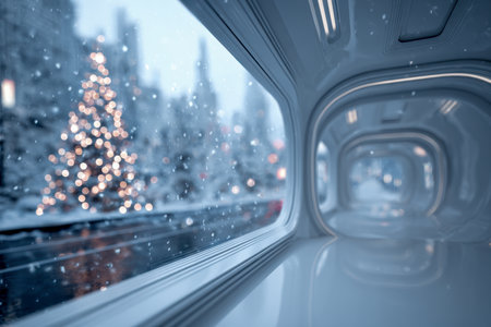 Peering through a sleek, high-tech train window, a winter wonderland unfolds with shimmering holiday trees glowing gently amid a serene, icy scenery bathed in calminの写真素材