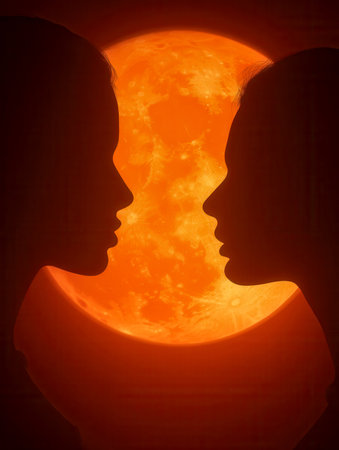 Two figures in shadow meet against a vivid, fiery orange glow, their outlines sharply defined as the luminous orb dominates the intense, contrasting backdrop.の写真素材