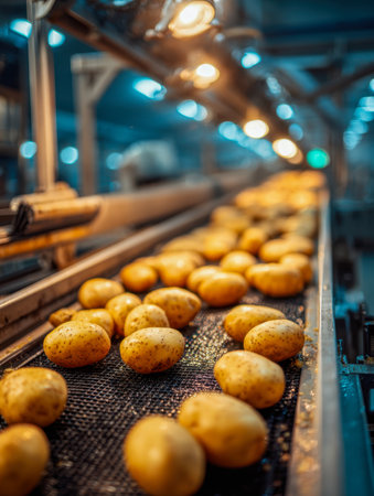 Vibrant potatoes glide smoothly through a state-of-the-art facility's bright environment, showing meticulous sorting and quality inspection in action.の写真素材