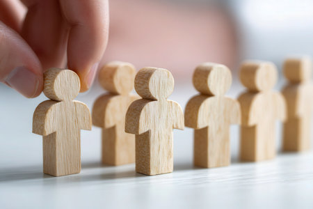 A person's hand gently picks out an individual wooden figure from a lineup of identical tokens, highlighting themes of choice, strategy, and guiding team direction.の写真素材