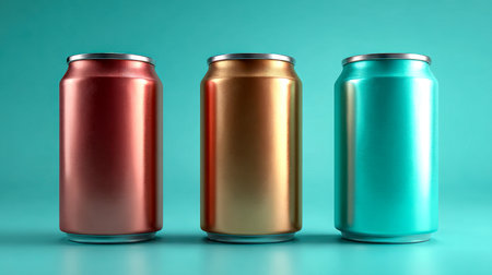 Shimmering aluminum cans featuring luminous copper, gold, and turquoise hues create a striking visual contrast against a lively teal backdrop, inspiring innovative pの写真素材