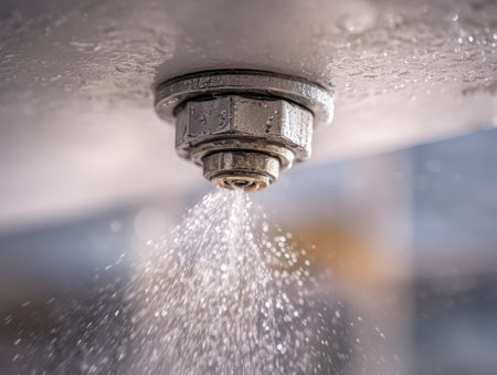 An industrial sprinkler releases a gentle mist of water, enhancing fire safety within a modern...