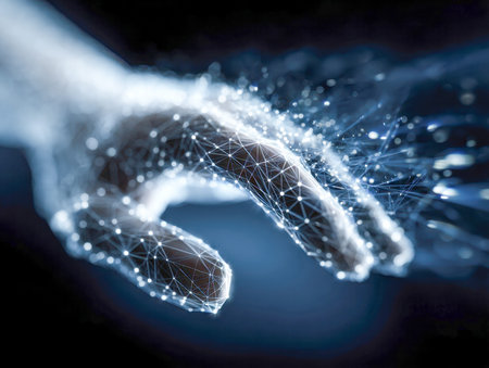 A luminous, networked cybernetic limb with shimmering nodes and seamless connections, exemplifying human-machine synergy and the evolution of intelligent systems.の写真素材