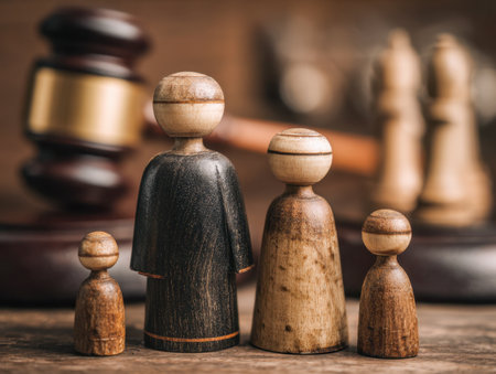Wooden family silhouettes atop a courtroom gavel and strategic chess pieces evoke themes of legal guidance, protection, and delicate family disputes.の写真素材
