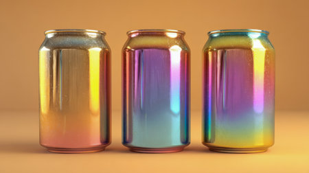 Three vividly hued, glossy cans with mirror-like finishes sit harmoniously on a warm, inviting backdrop, inspiring innovative ideas for contemporary drink branding.の写真素材