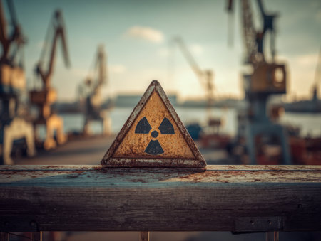 A corroded warning sign warns of radioactive danger, mounted on an aged wooden barrier at a gritty dockside, with distant industrial cranes and shimmering waters atの写真素材