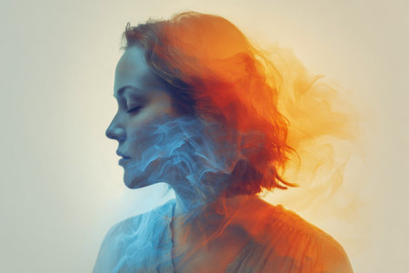 A serene woman?s profile with her eyes gently closed is surrounded by swirling orange and blue smoke, capturing themes of inner balance and reflective introspection.の写真素材