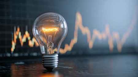 A luminous filament bulb illuminates a desk surface against a backdrop of out-of-focus financial...