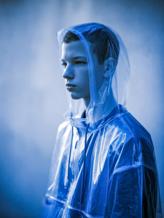 A thoughtful young boy gazes into the distance, clad in a sheer raincoat with hood, illuminated by gentle blue hues that evoke a sleek, forward-looking ambiance.の写真素材