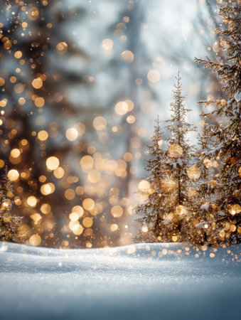 Gentle, shimmering orbs of gold illuminate a tranquil winter woods, where snow-laden evergreens create a peaceful, frost-kissed scene under a soft glow.の写真素材