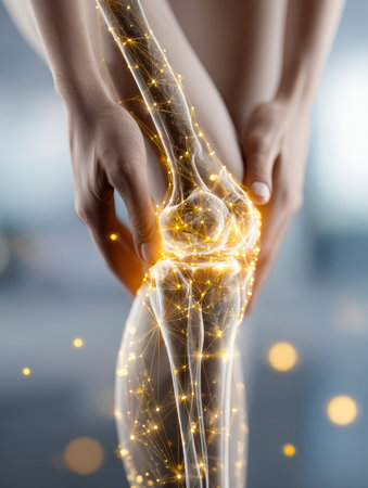 A human leg displays a luminous digital network pinpointing knee discomfort, with caring hands gently supporting, symbolizing healing and advanced pain management.の写真素材
