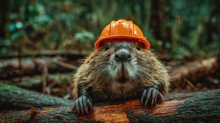 A charming beaver with big eyes and a playful expression gazes from behind a sturdy log, set against a vibrant, sunlit woodland scene filled with greenery.の写真素材