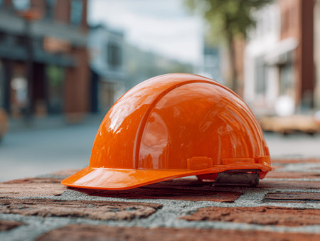 A vivid orange safety cap rests atop rugged bricks outdoors, embodying protection and responsibility at city construction zones against a bright sky backdrop.の写真素材