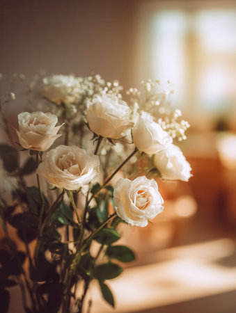 A gentle glow bathes a refined arrangement of ivory roses and fragile blooms, nestled among lush foliage, evoking tranquility in a cozy, sunlit interior.の写真素材