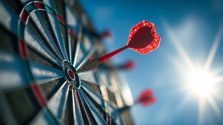 A vivid red dart precisely strikes the center of a dartboard outdoors, illuminated by bright...