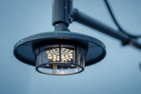 A contemporary urban lighting fixture featuring sleek circular led modules on a dark metal post, set...