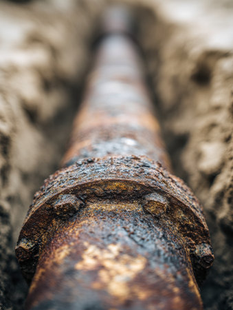 A neglected outdoor excavation area features an aged, rust-streaked pipe with worn bolts partially buried, illustrating decades of corrosion and urban decay amidst aの写真素材