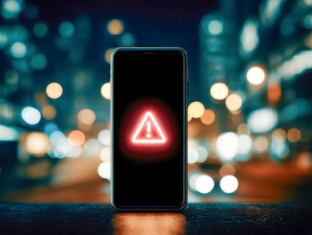 A sleek device shows a vibrant warning icon against a black display, set against a backdrop of luminous urban nightscapes that evoke a sense of alertness and moderniの写真素材