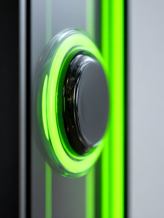 A cutting-edge control interface featuring a luminous neon green ring encircling a smooth metallic core, ideal for advanced gaming and electronic panel aesthetics.の写真素材
