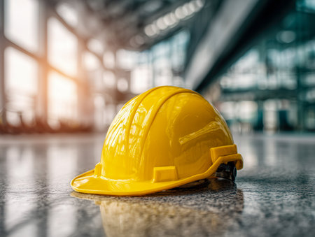 A vibrant yellow helmet rests on a gleaming surface amidst an expansive, contemporary industrial space illuminated by golden sunlight pouring through grand windowpanの写真素材