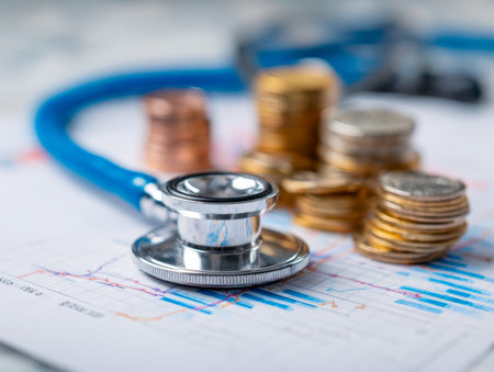 A stethoscope rests atop colorful financial graphs and varied coin stacks, illustrating the connection between medical expenses and economic decision-making processの写真素材