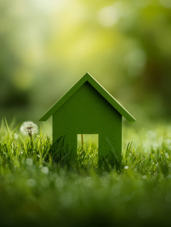 A miniature emerald-colored dwelling rests on vibrant grass, bathed in gentle daylight, evoking harmony with nature and eco-conscious design ideals.の写真素材
