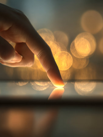 A delicate fingertip interacts softly with a sleek screen, while gentle, amber-hued illumination in the blurred surroundings fosters a peaceful evening ambiance.の写真素材