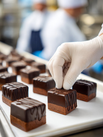 A skilled pastry chef, adorned in protective gloves, delicately arranges refined chocolate treats featuring intricate drizzle designs on a tray within a bustling comの写真素材