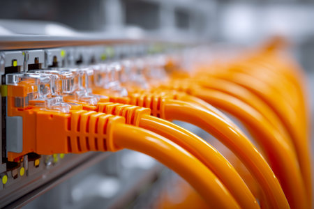 Bright orange cables neatly connect to a server switch, symbolizing efficient data flow, reliable...