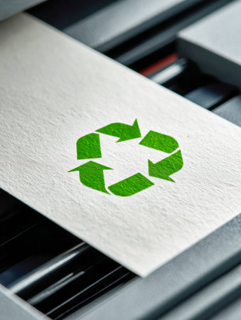 A vibrant green icon printed on rough white paper highlights eco-conscious initiatives and...