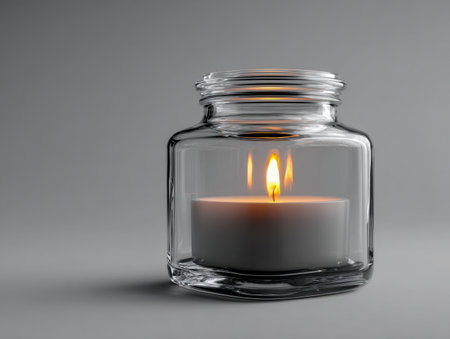 A solitary white candle casts a warm glow within a clear glass container, resting on a sleek gray surface, surrounded by gentle lighting and reflective highlights.の写真素材