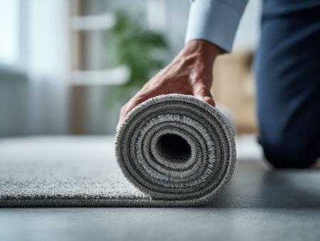 A individual gathers a plush gray rug, rolling it neatly on a sleek, polished surface in a sunlit...