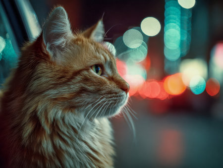 A contemplative ginger feline peers into the illuminated cityscape, its profile framed by a gentle, blurred glow that evokes tranquility amidst urban liveliness.の写真素材